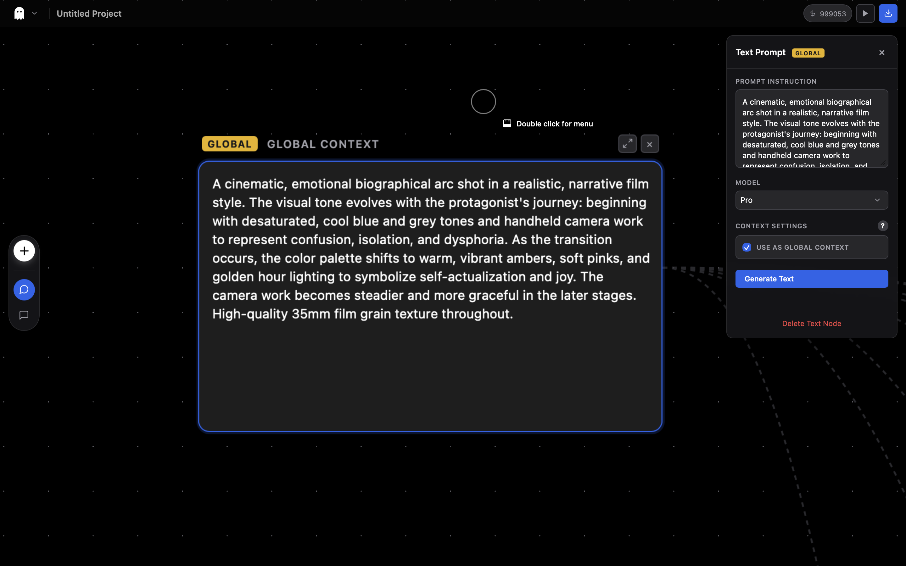 Capture d'écran de l'éditeur montrant un Nœud de Texte Global
